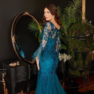 **Cinderella Divine CM327: Embroidered Mesh Dress for Enchanting Evenings**